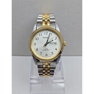 Pulsar VJ33X008 Two Tone Quartz Day Date 100M Mens Watch New Battery  - Read -